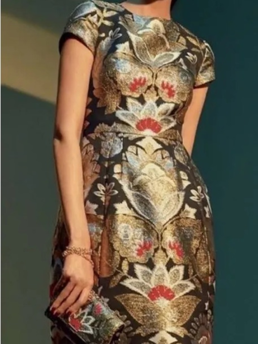 Ted Baker Black Brocade Mini Dress with Gold and Red Floral Embroidery Size 3